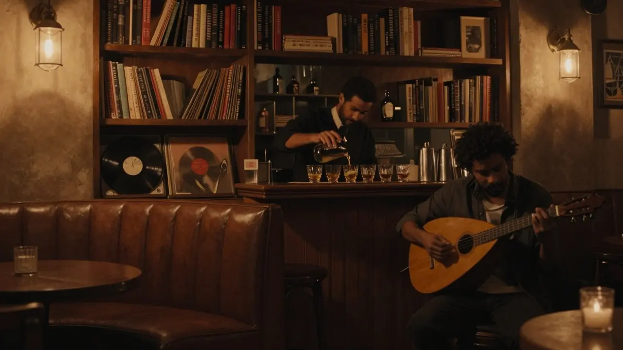 Hidden speakeasy with leather booths, vintage records, and a bartender pouring whiskey in dim, intimate lighting.