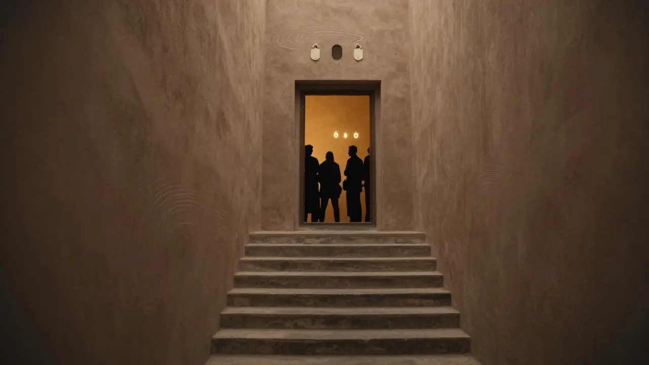 Hidden underground venue accessed by narrow stairs, warm light glowing from a closed door.