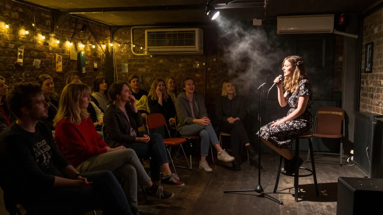 Intimate basement comedy show in Camden with a single comic on a stool under flickering lights.