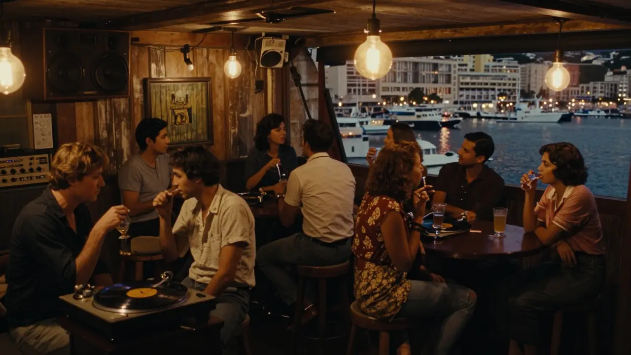 Intimate underground club with vinyl turntable and warm lighting, no neon signs.