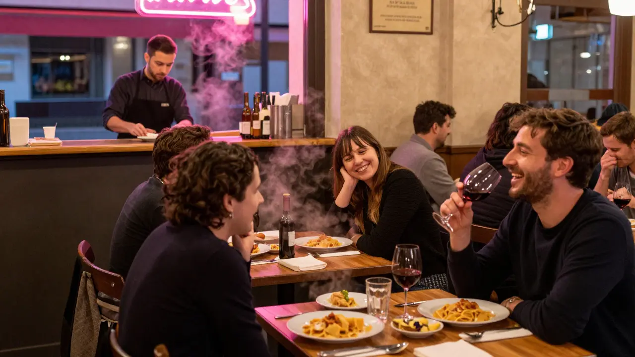 Late-night trattoria serving pasta to clubgoers after midnight.