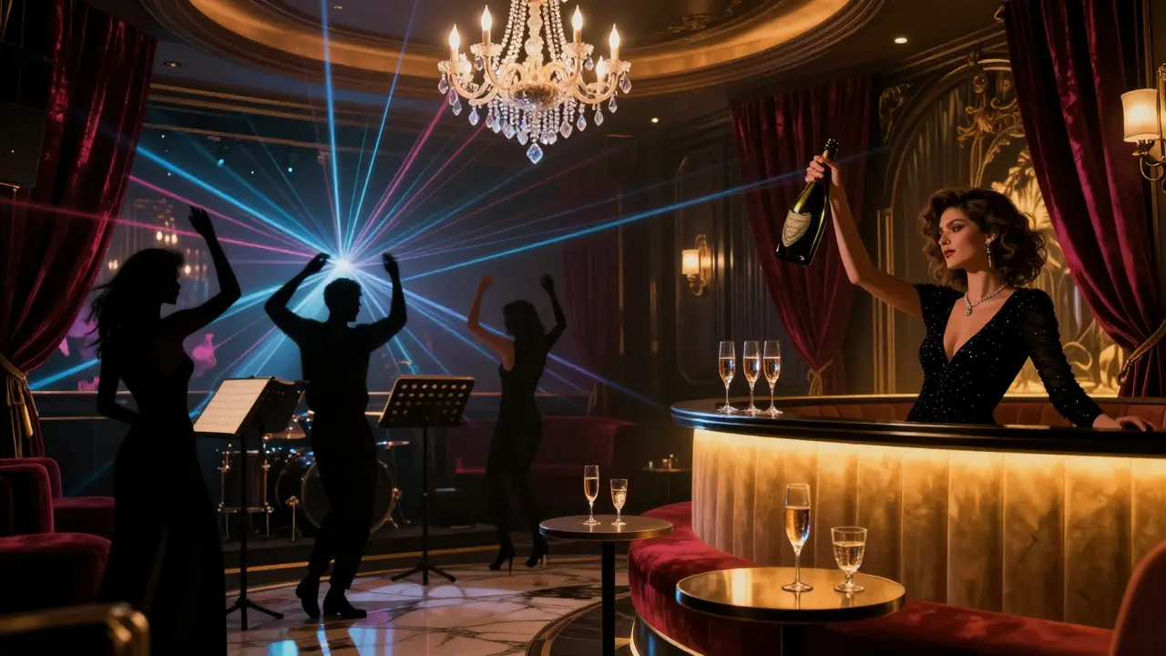 Lively nightclub interior with orchestra and electronic music, dancers under laser lights, VIP booth glowing with champagne bottles.