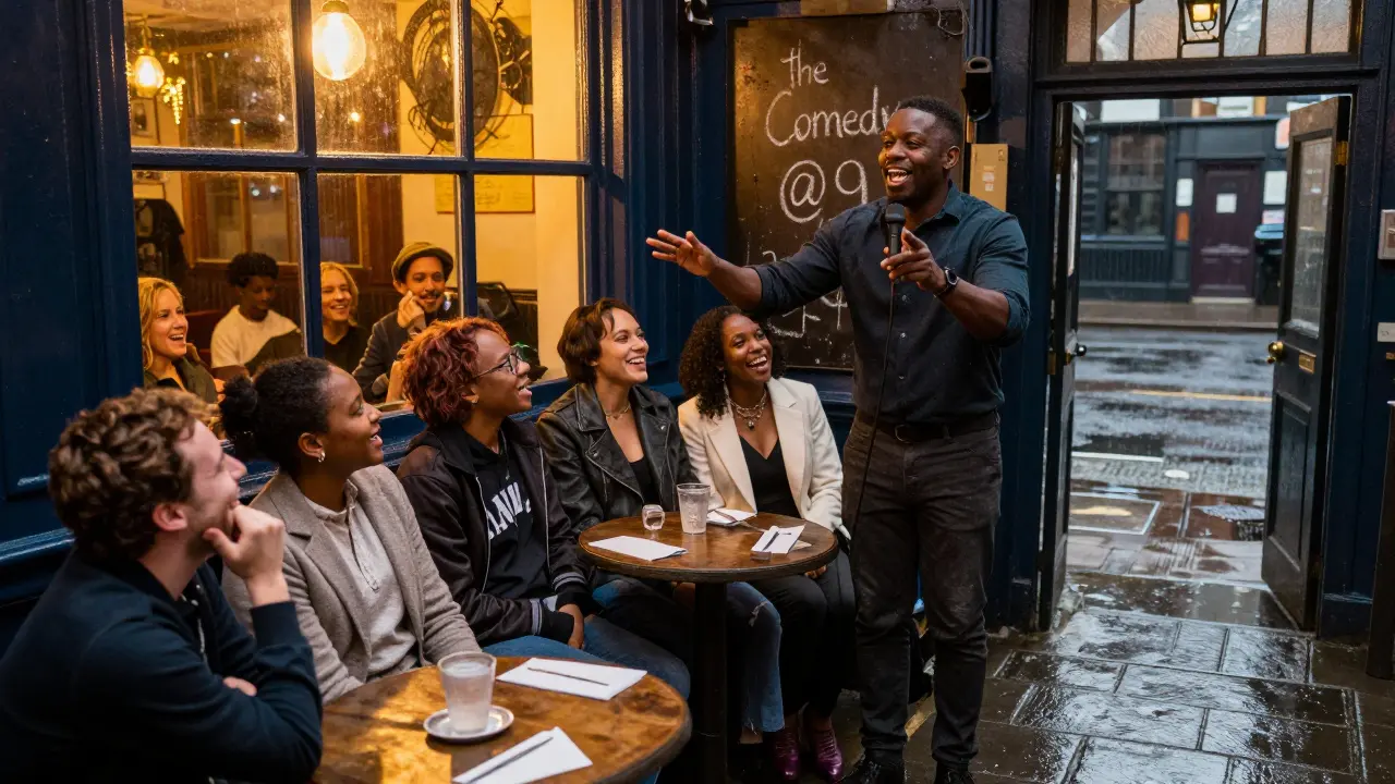 Local audience laughing in a Brixton pub back room during a cultural comedy set.
