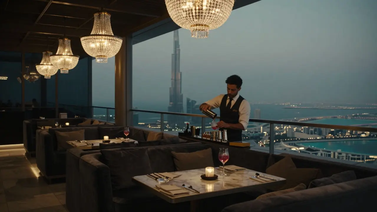 Luxurious rooftop lounge with velvet couches and a city skyline view, where a cocktail is being prepared.