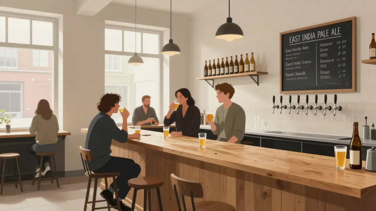 Minimalist Kernel Brewery taproom with chalkboard menu and quiet regulars enjoying pale ale.