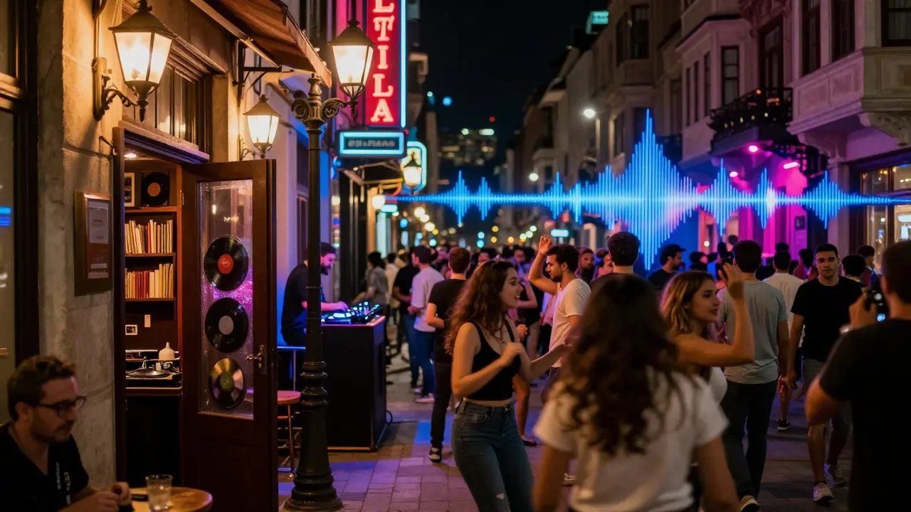 Neon-lit İstiklal Avenue with a hidden speakeasy and crowd dancing to Turkish house music.