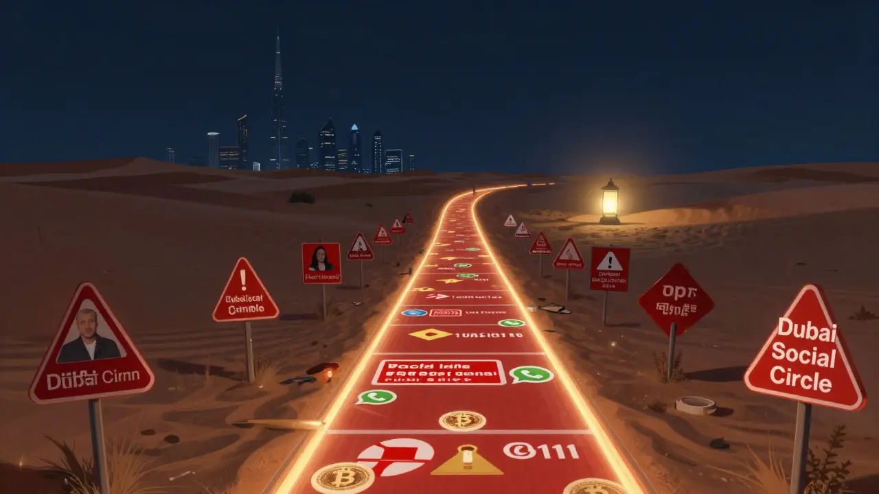 Path from dangerous online scams to a safe companionship oasis under Dubai’s skyline at night.