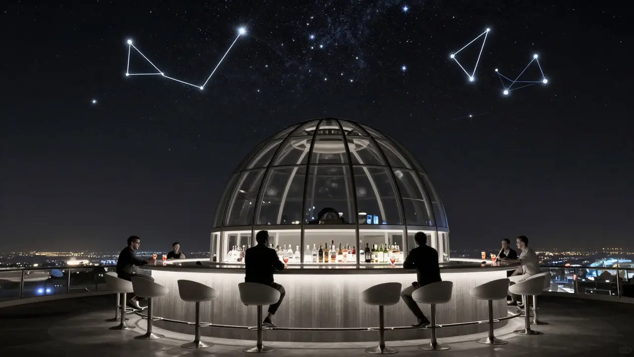 People drinking under a starry dome ceiling with city lights below and planet-shaped stools.