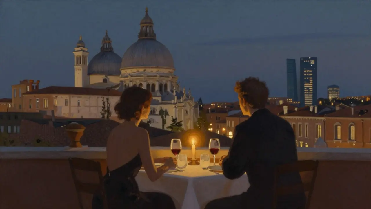 Private rooftop dinner in Milan with Duomo and modern skyline in background, candlelight and wine glasses.