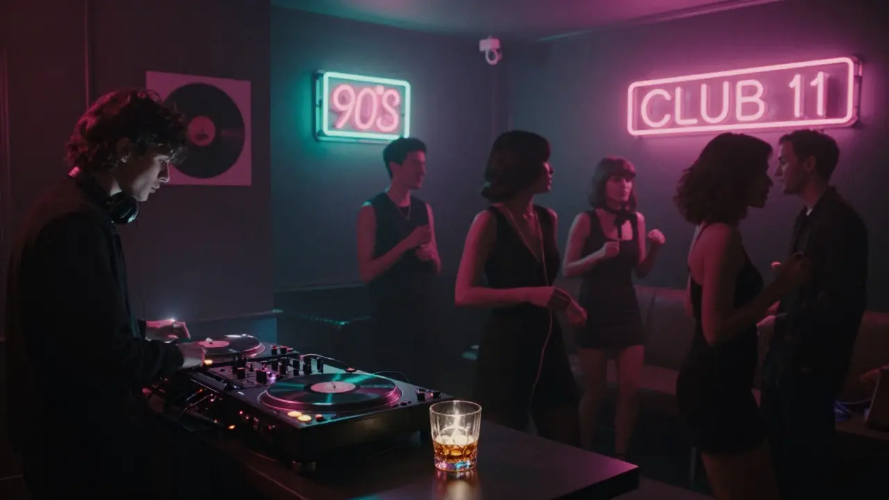 Retro club interior with neon lights and vinyl records, patrons moving to deep house music.