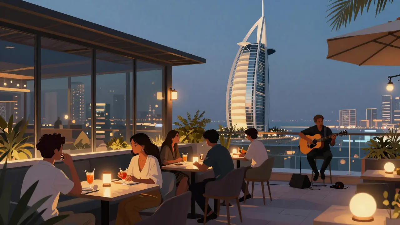 Rooftop bar with live music and city lights, patrons enjoying cocktails at twilight.