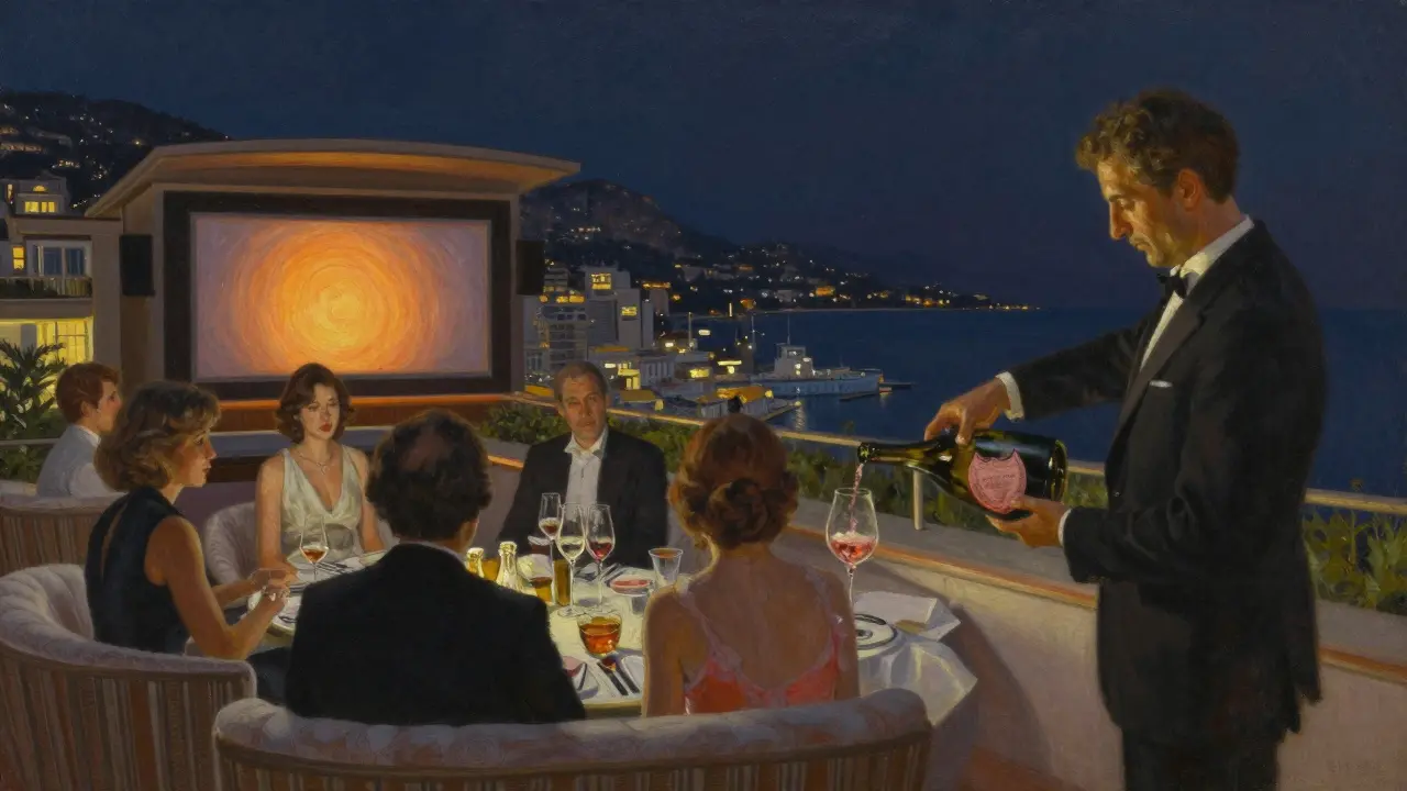 Rooftop terrace with sommelier pouring rosé champagne under starlit Monaco skies.