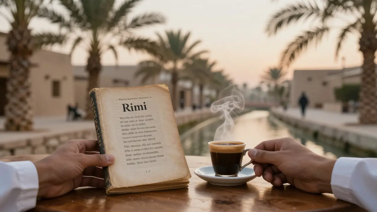 Rumi&#039;s poetry and Arabic coffee on a table, with the Heritage Village softly visible in the background.