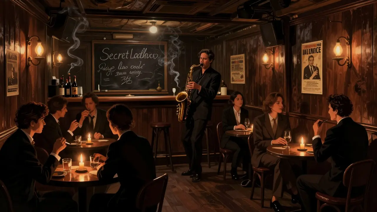 Secret jazz lounge with candlelight, saxophonist playing, and intimate patrons.