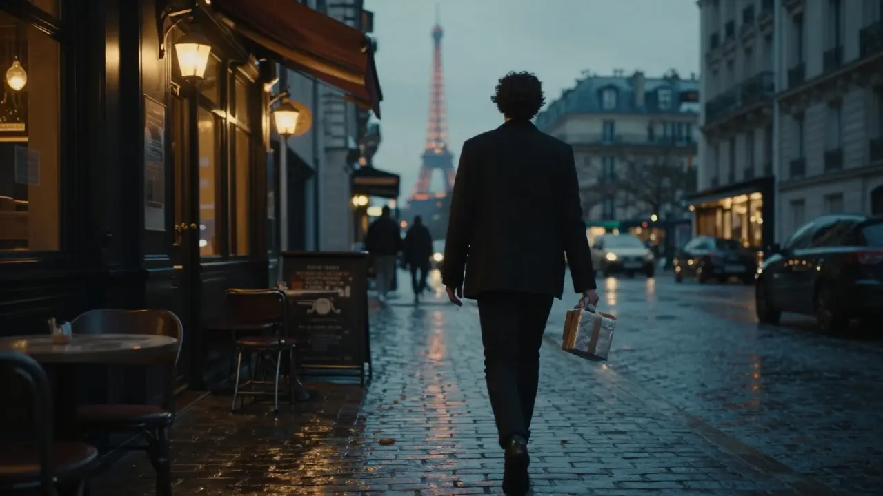 Someone leaving a Parisian bar at dusk, holding a small gift, with soft city lights reflecting on wet streets.