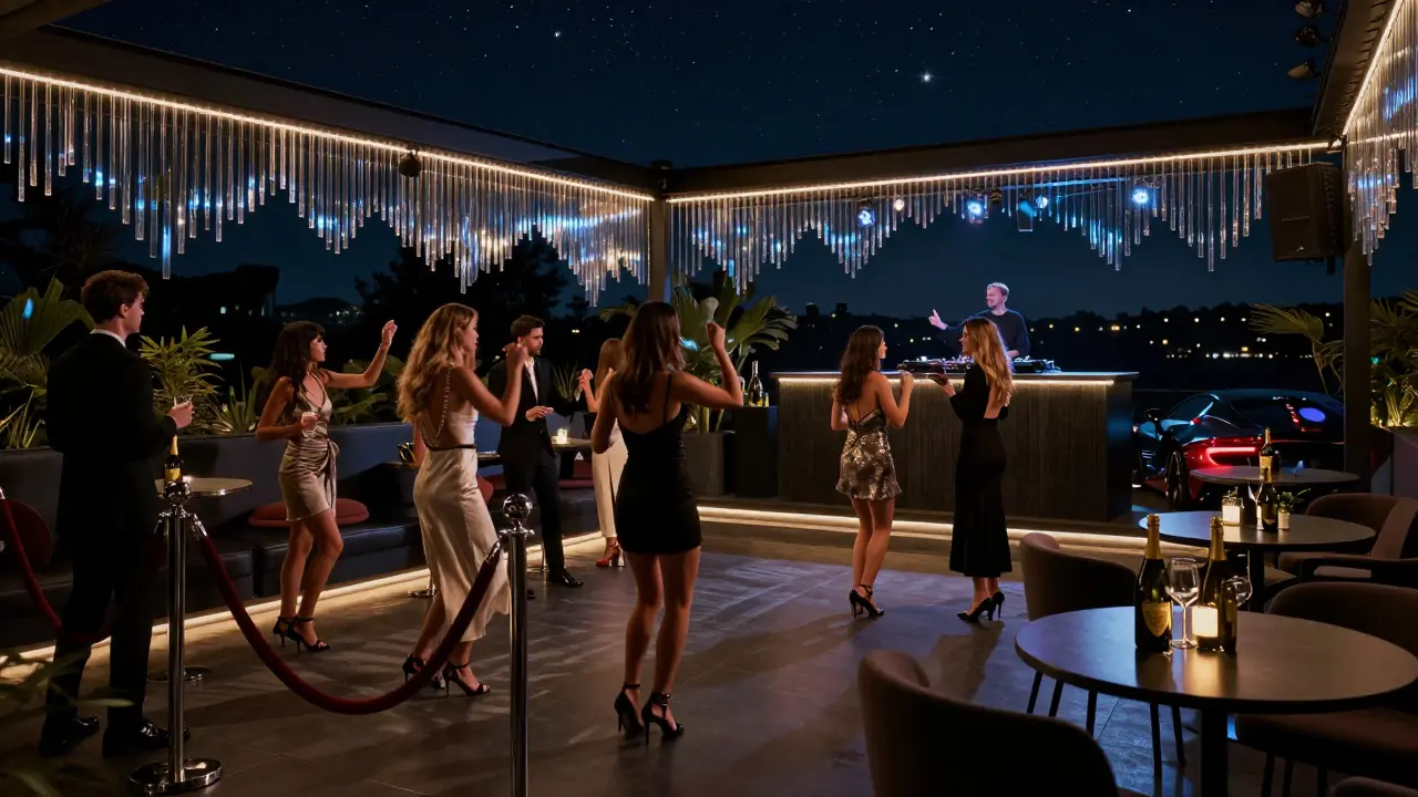 Sophisticated crowd dancing under stars at Opal Club, crystal flutes and supercars in the background.