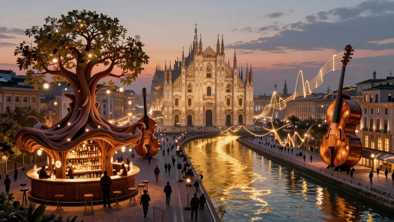 Surreal cityscape at dawn where nightlife venues transform into glowing organic forms connected by music.