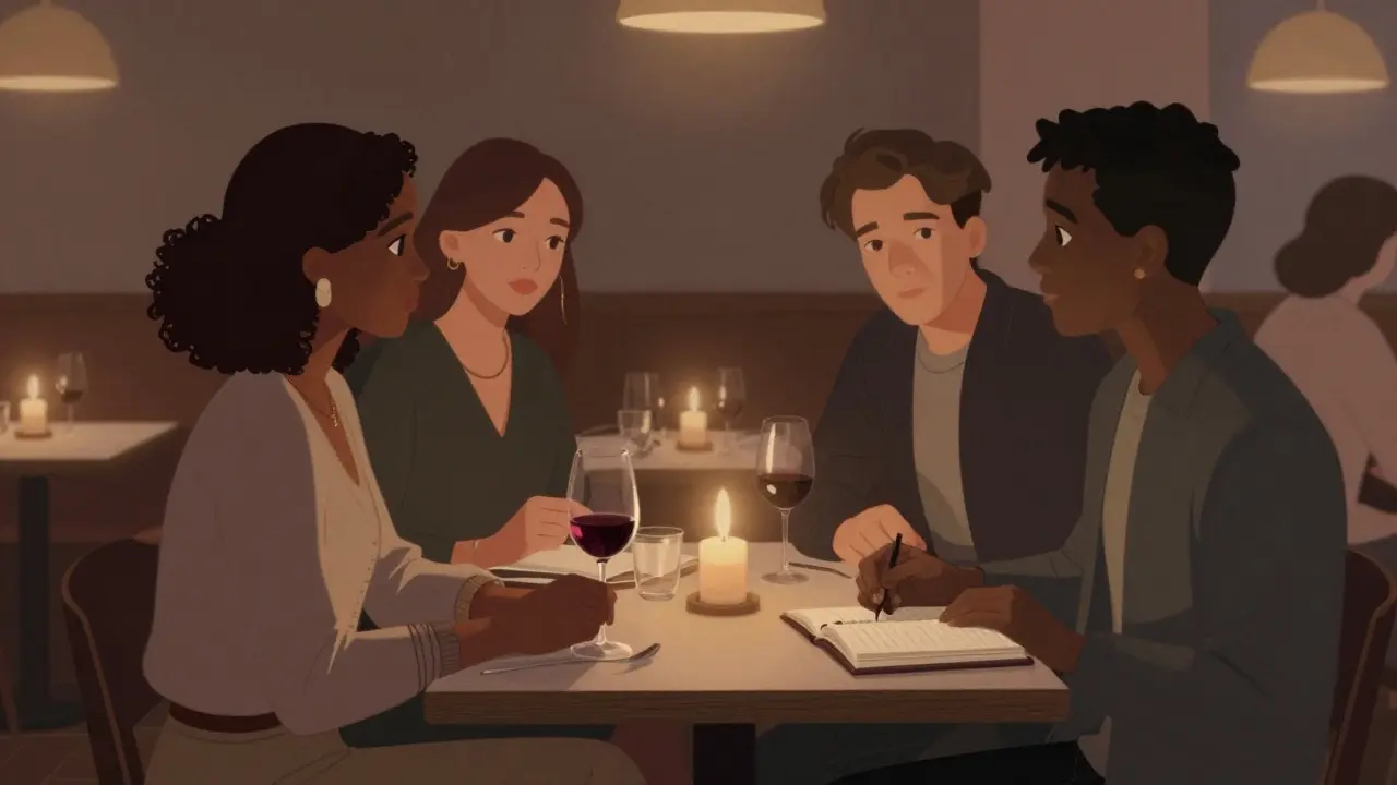 Three diverse individuals having a quiet, respectful conversation over dinner in a dimly lit London restaurant.