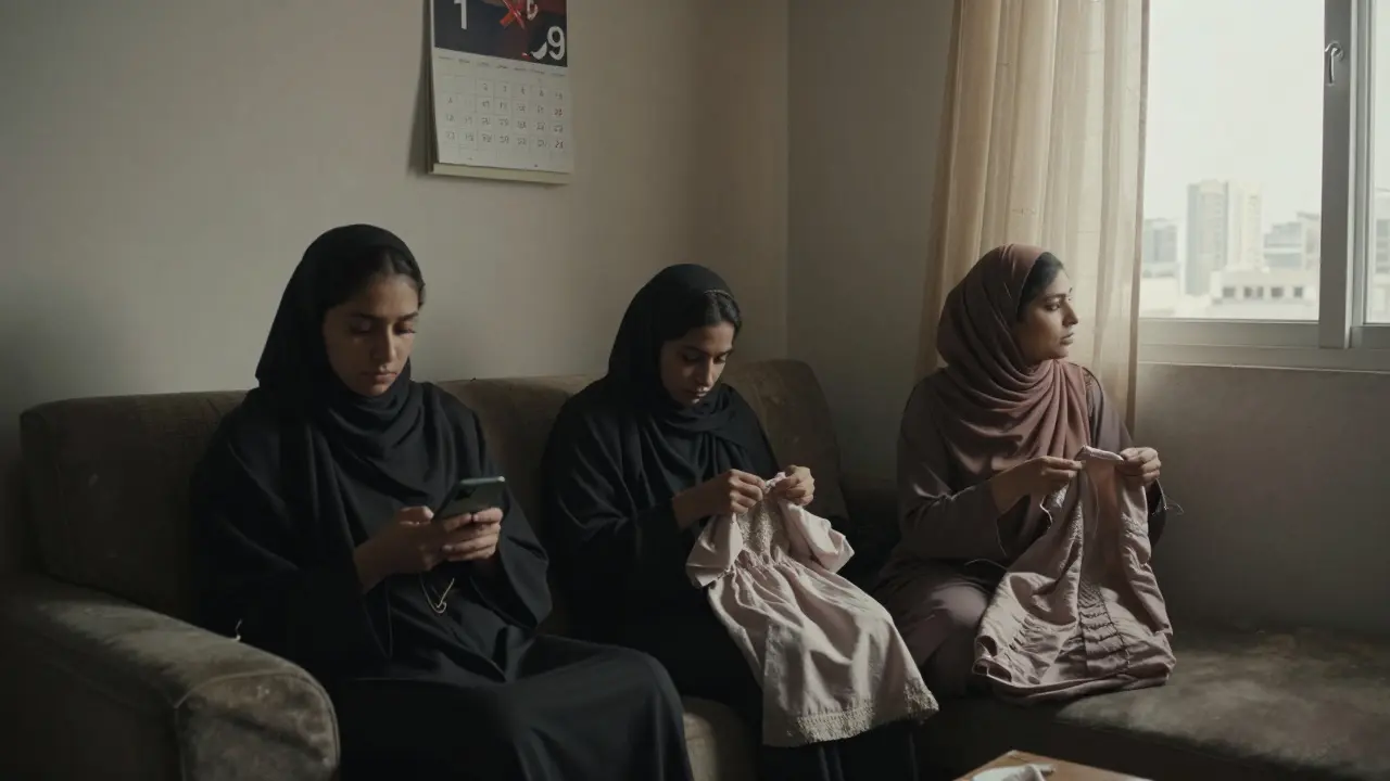 Three women share a quiet moment in a modest Abu Dhabi apartment, exhausted but resilient.