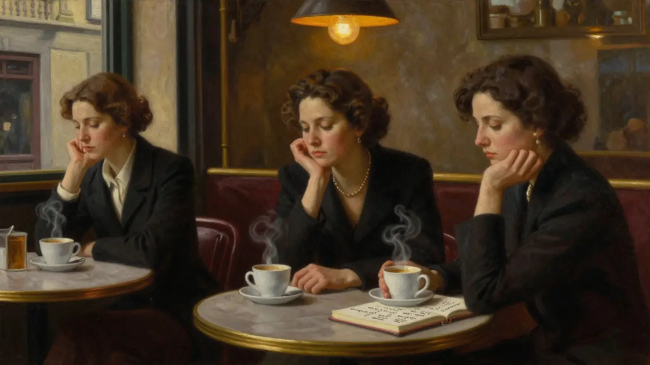 Three women sit silently in a Brera café, each lost in thought, no faces visible, atmosphere heavy with unspoken emotion.