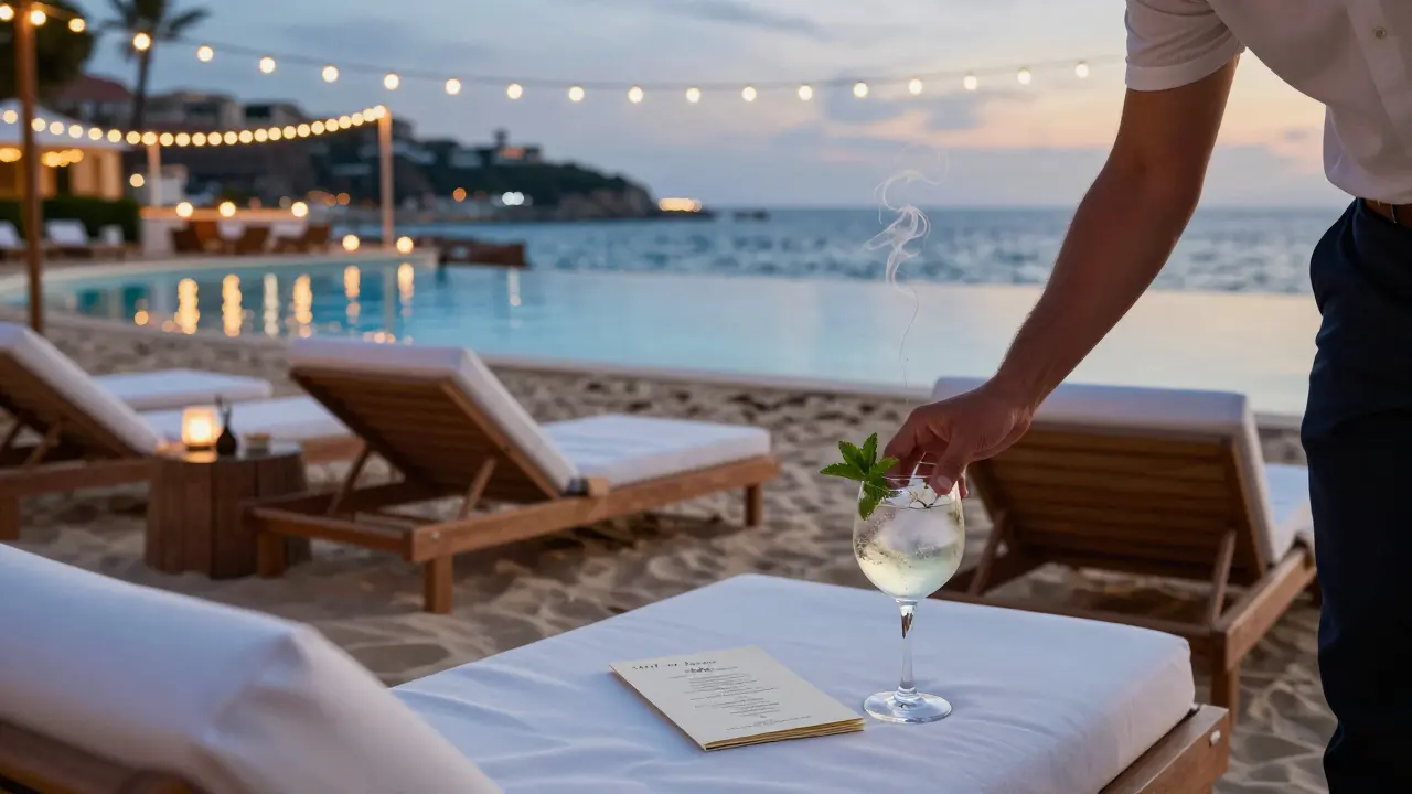 Twilight beach lounge with string lights, infinity pool, and personalized cocktail on linen.