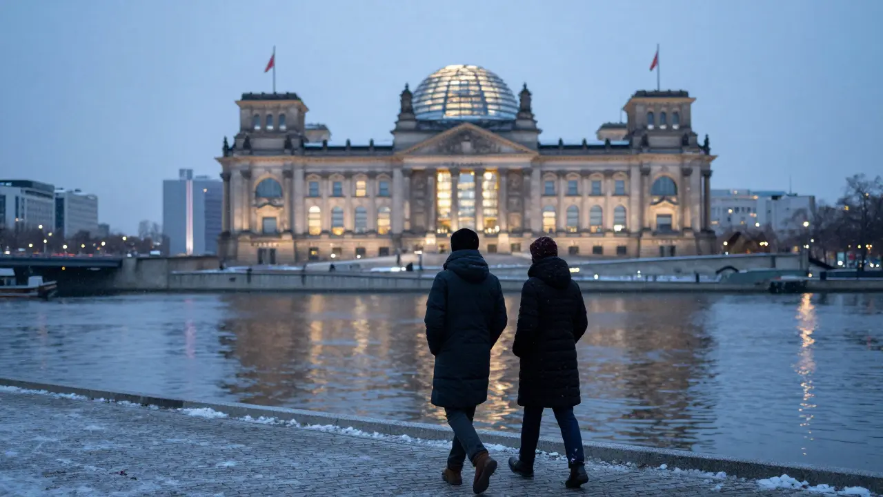 Two figures walking silently along the Spree River as the Reichstag's lights shimmer on the water at twilight.