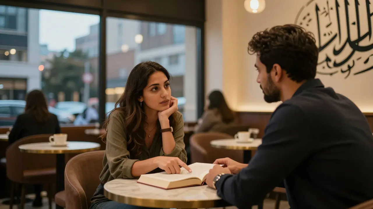 Two people engaged in thoughtful discussion over coffee in a stylish Dubai café.