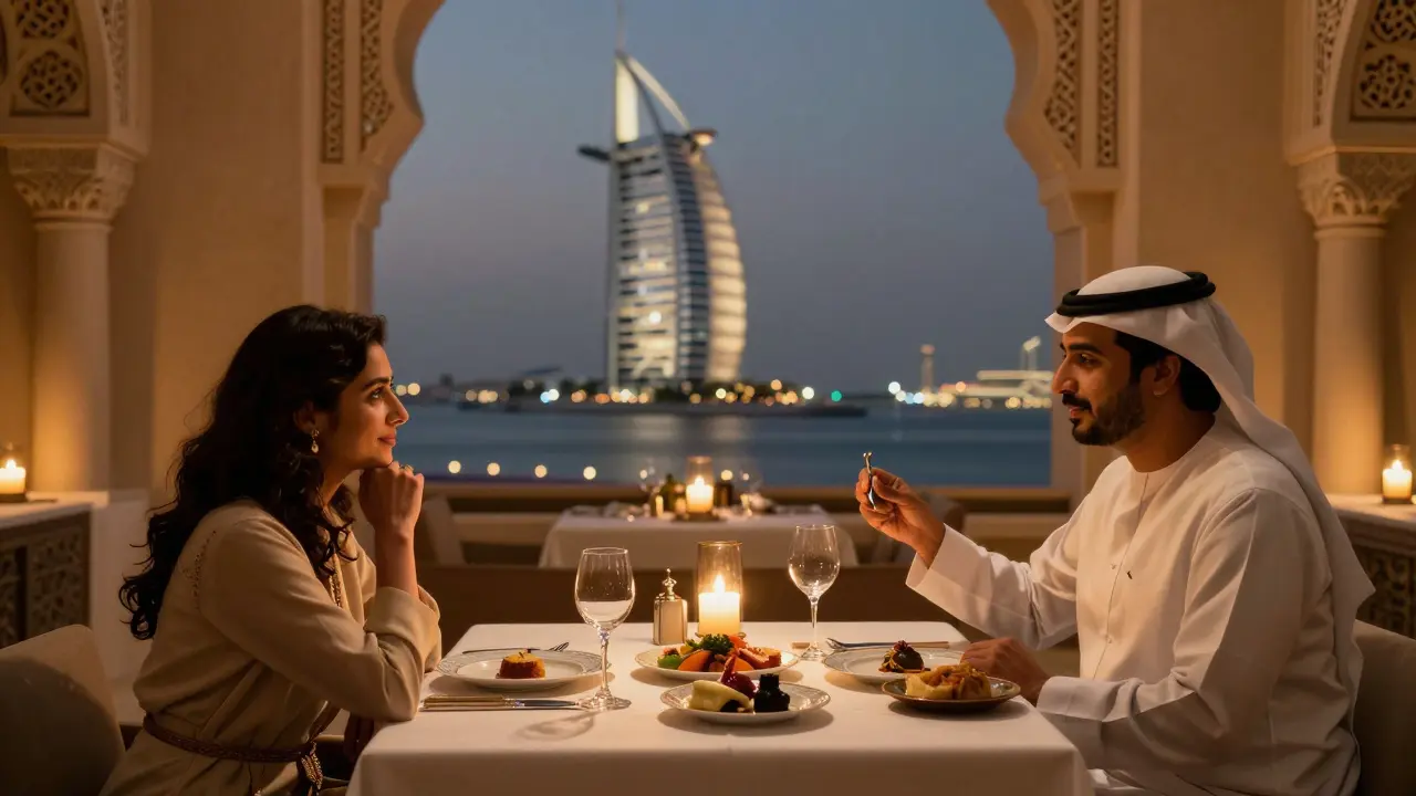 Two people enjoy a private dinner at Al Iwan in Burj Al Arab, candlelight and Gulf views creating an intimate mood.
