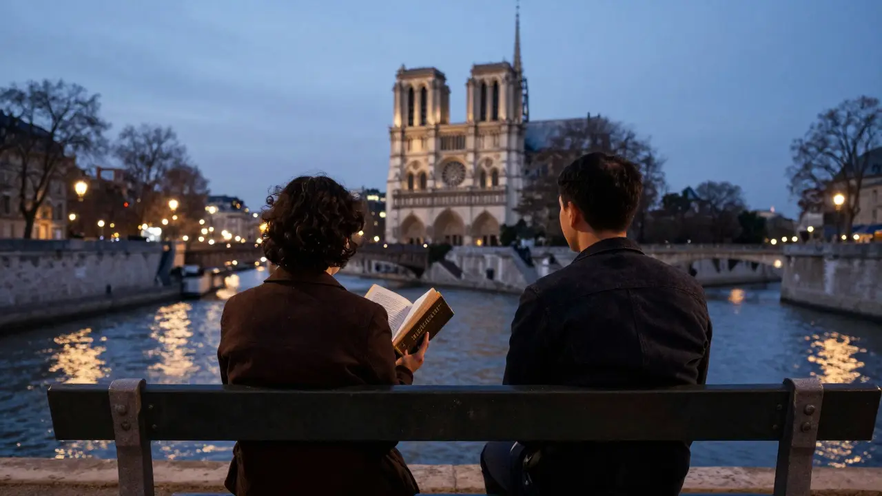 Two people on a Seine bench at twilight, reading and gazing quietly at the city lights.