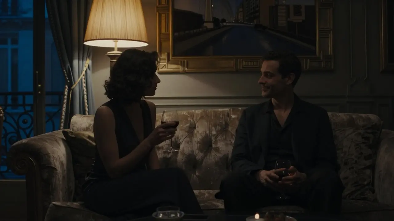 Two people seated in calm silence in a softly lit Paris apartment at night.