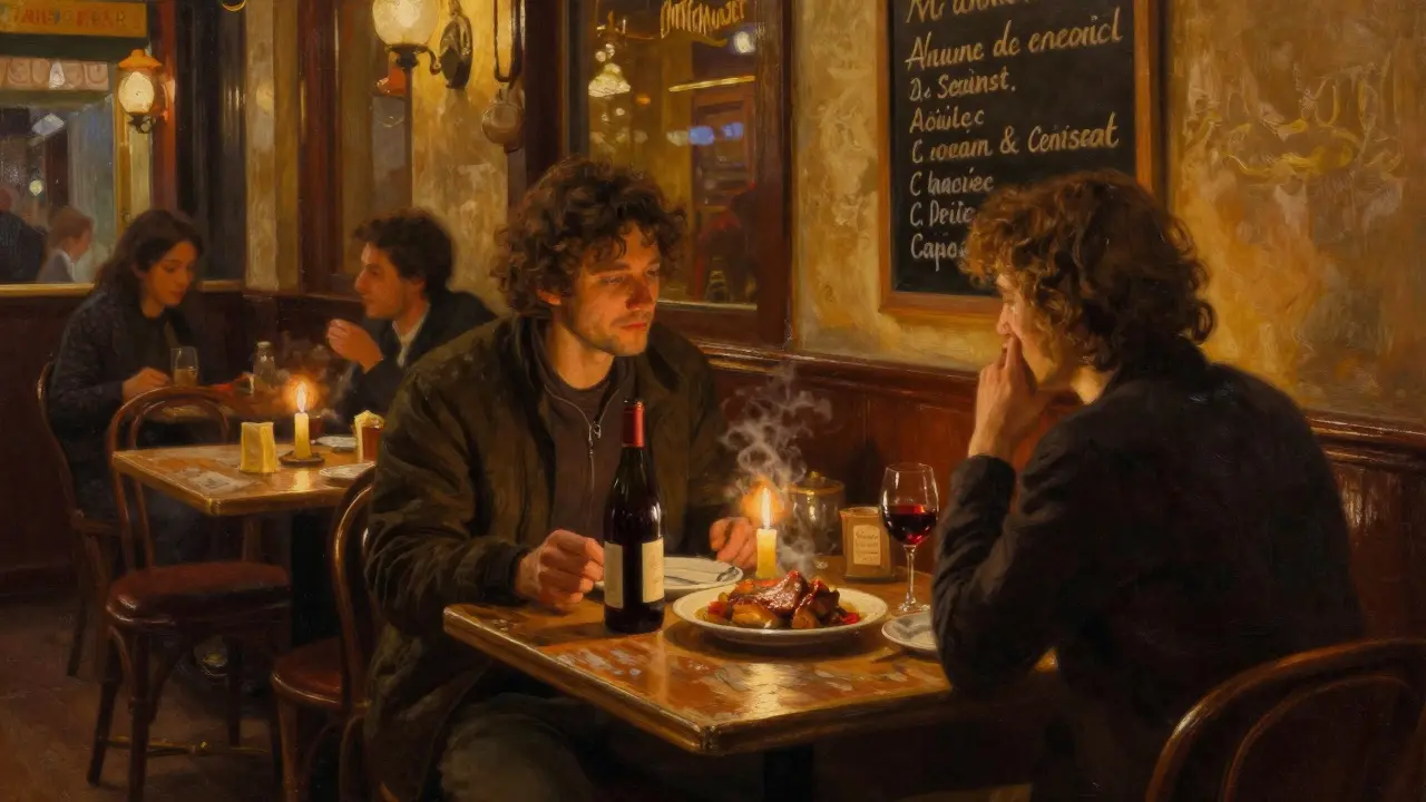 Two people share a quiet dinner in a cozy Parisian bistro, candlelight reflecting off wine glasses and food.