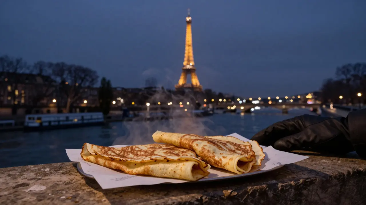 Two warm crêpes on paper, steam rising, overlooking the Seine with the Eiffel Tower twinkling faintly.
