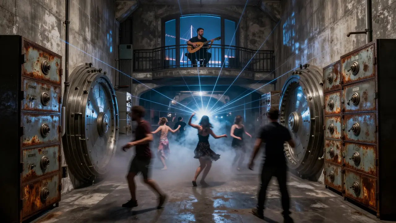 Underground club in a former bank vault with lasers, dancers, and the Bosphorus Bridge in the background.