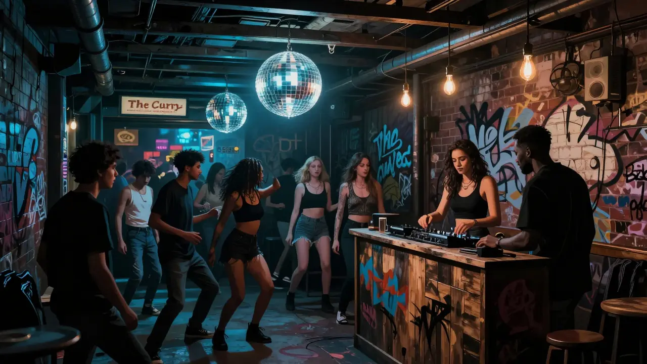 Underground club The Nest in Shoreditch with dancers, disco lights, and industrial decor.