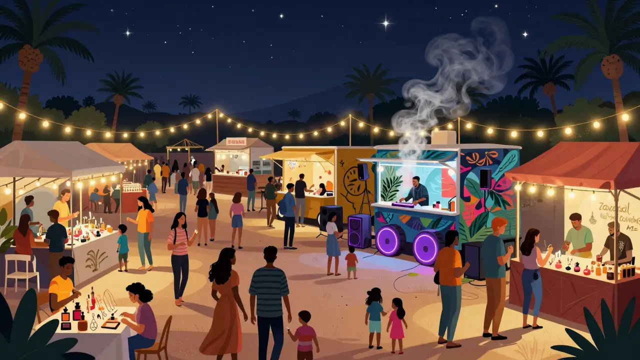 Vibrant night market with food stalls, live music, and diverse crowds under twinkling lights.