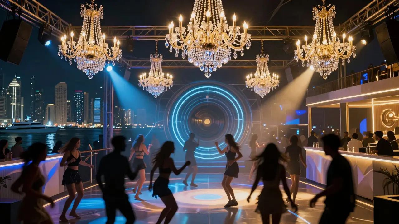 Vibrant nightclub with chandeliers and dancers under neon lights by the marina.