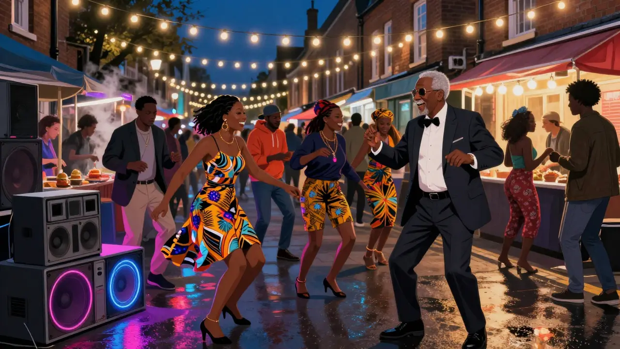 Vibrant street party in Peckham with diverse crowd dancing to Afrobeat and dancehall sounds.