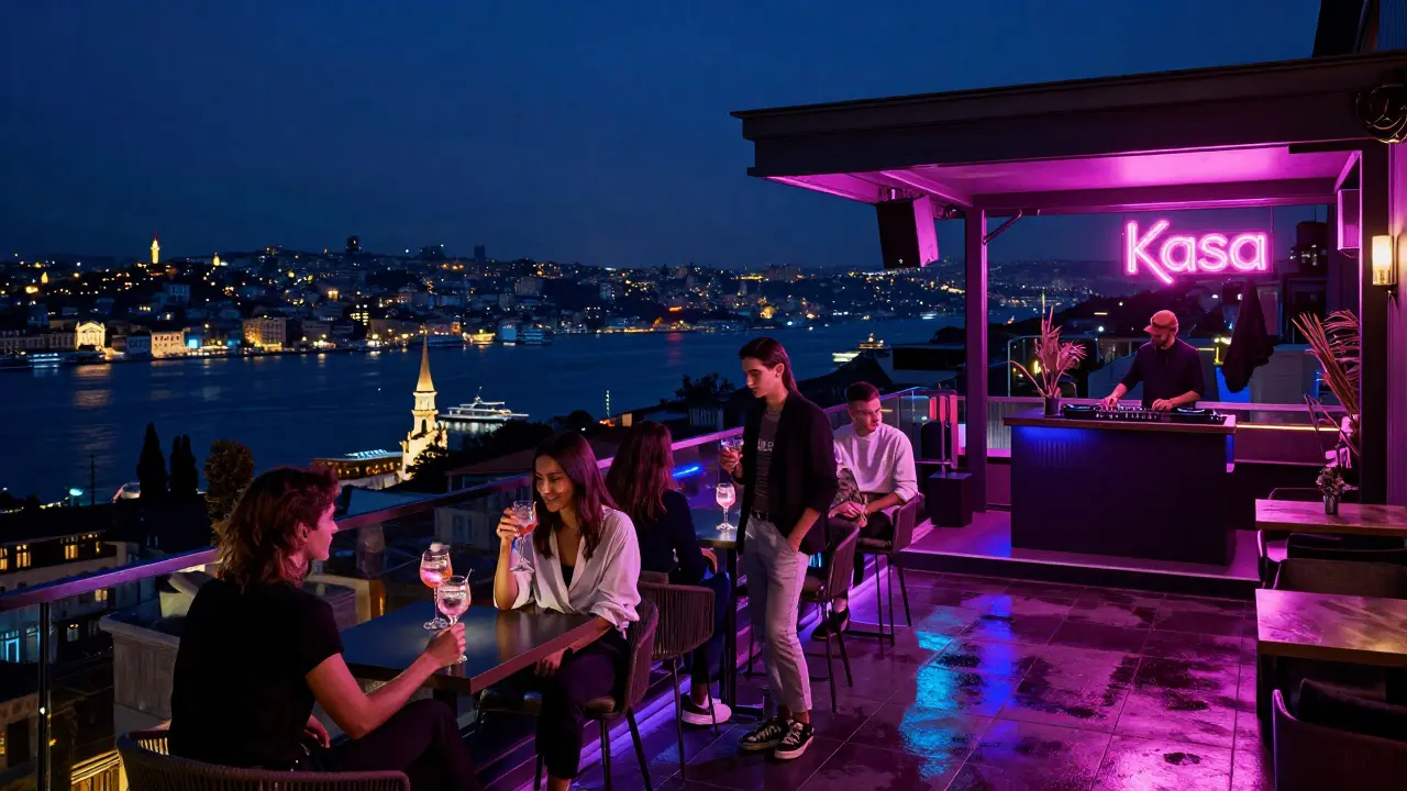Young people enjoy cocktails on a rooftop club terrace with glowing Bosphorus views at night.