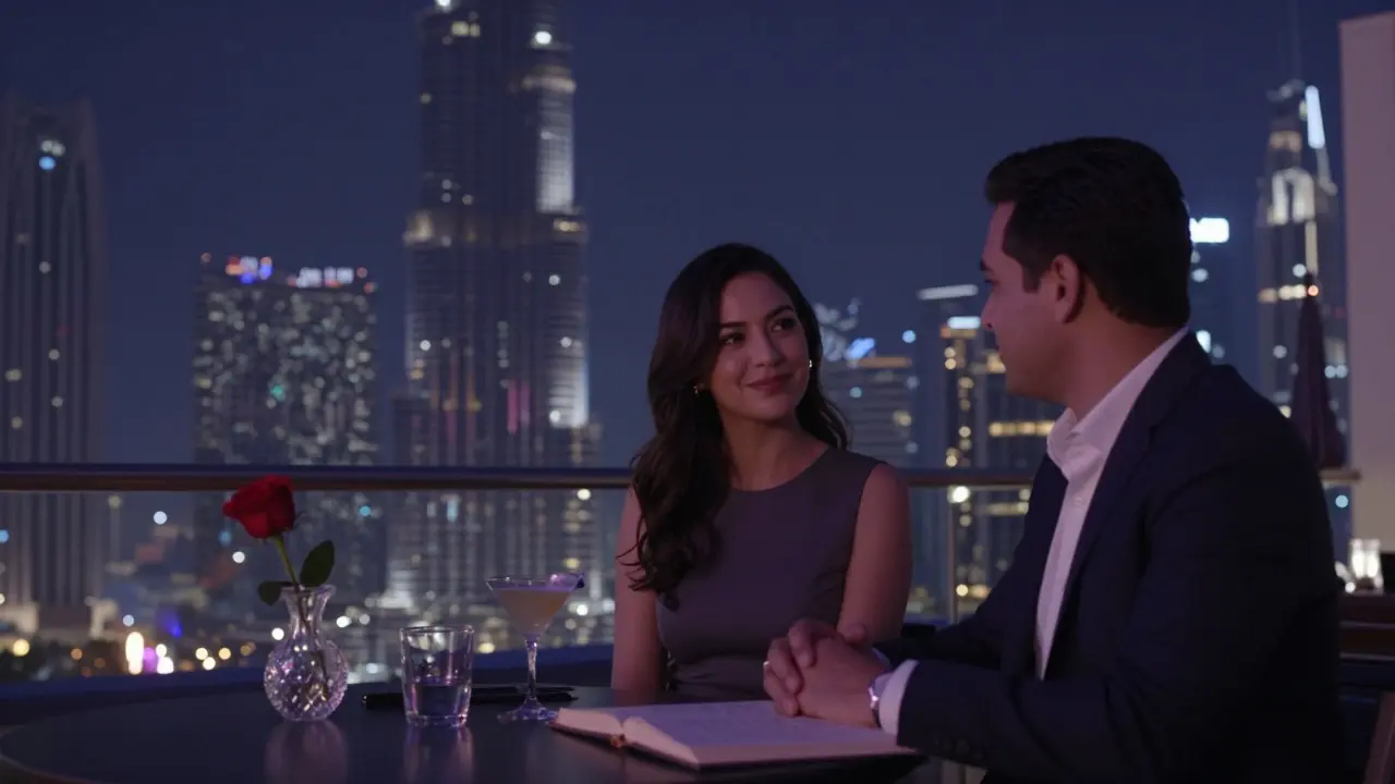 A couple on a rooftop lounge in Dubai at night, enjoying the city lights in calm, thoughtful companionship.