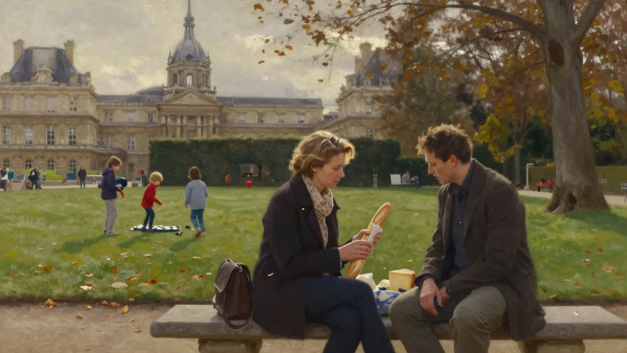 A couple sharing bread and cheese on a bench in Luxembourg Gardens under autumn trees.
