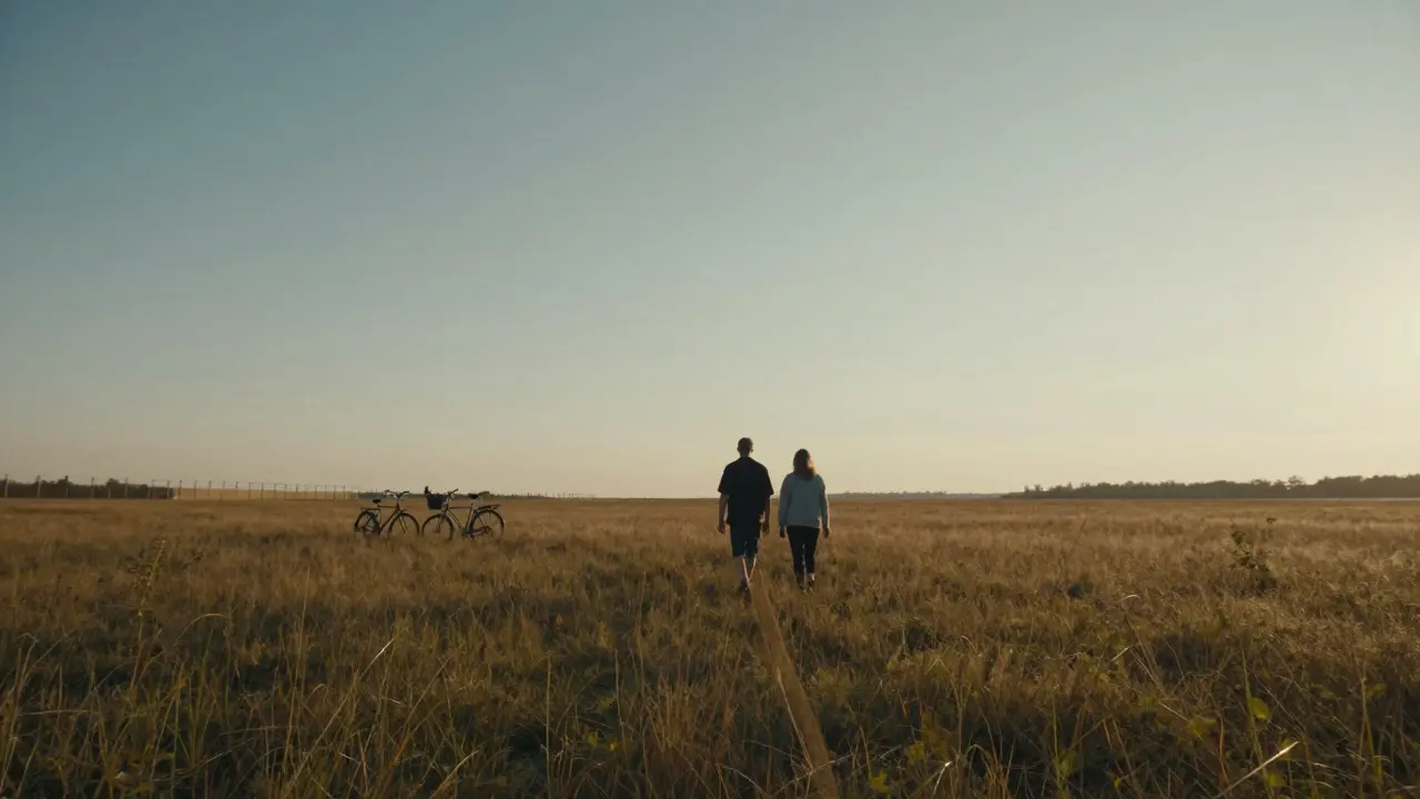 A couple walking peacefully through the vast grassy fields of former Tempelhofer Airport at sunset.