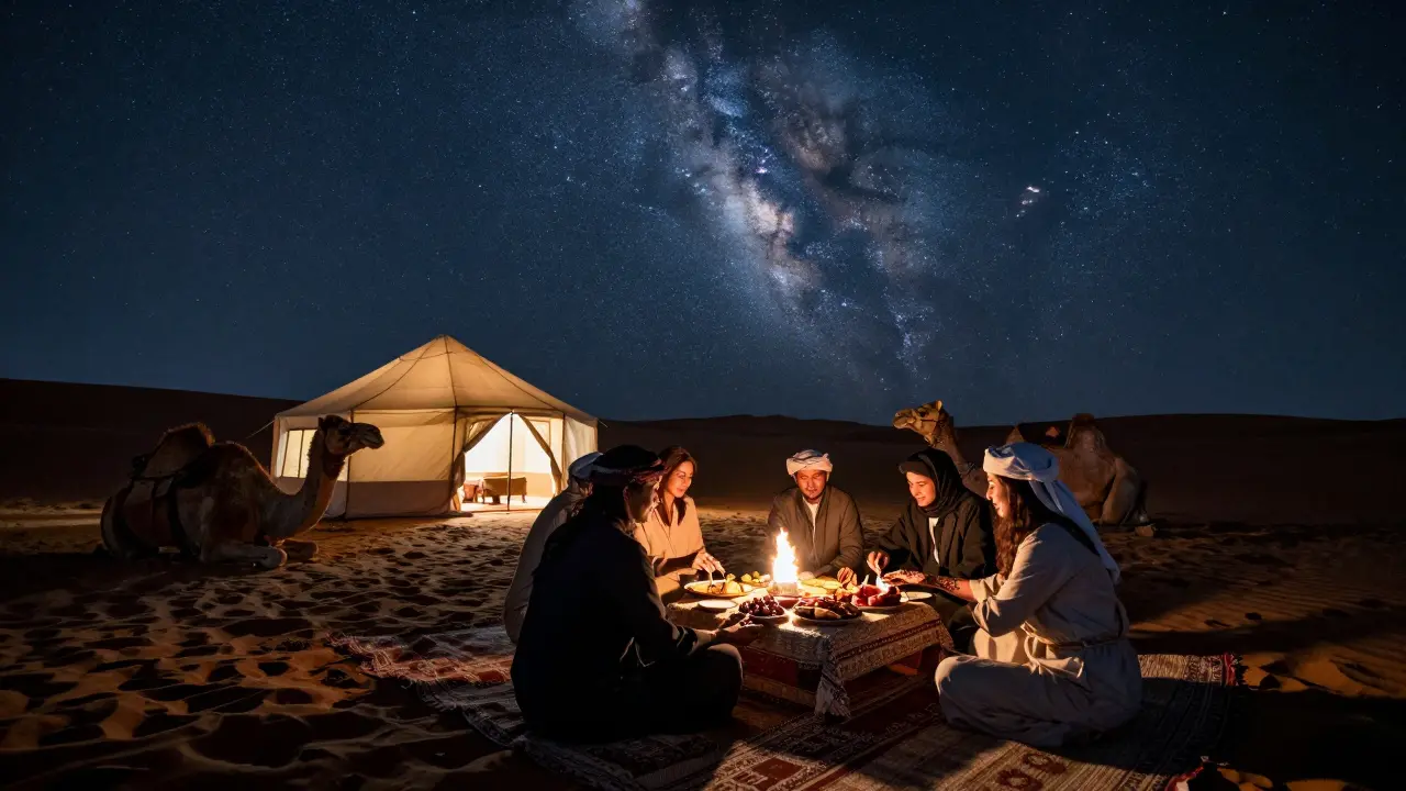 A desert night under a starry sky with a Bedouin tent, guests dining and getting henna tattoos.