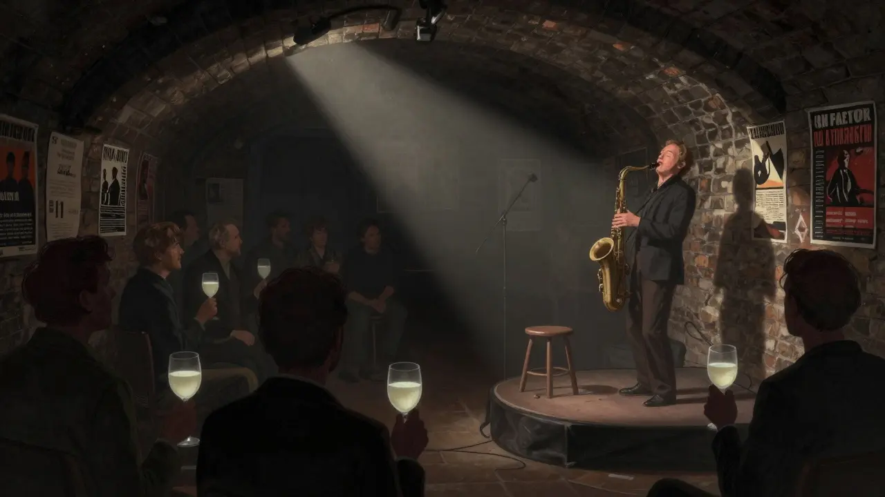 A dim jazz cellar with a saxophonist playing, patrons swaying, and glasses of pastis catching the low light.