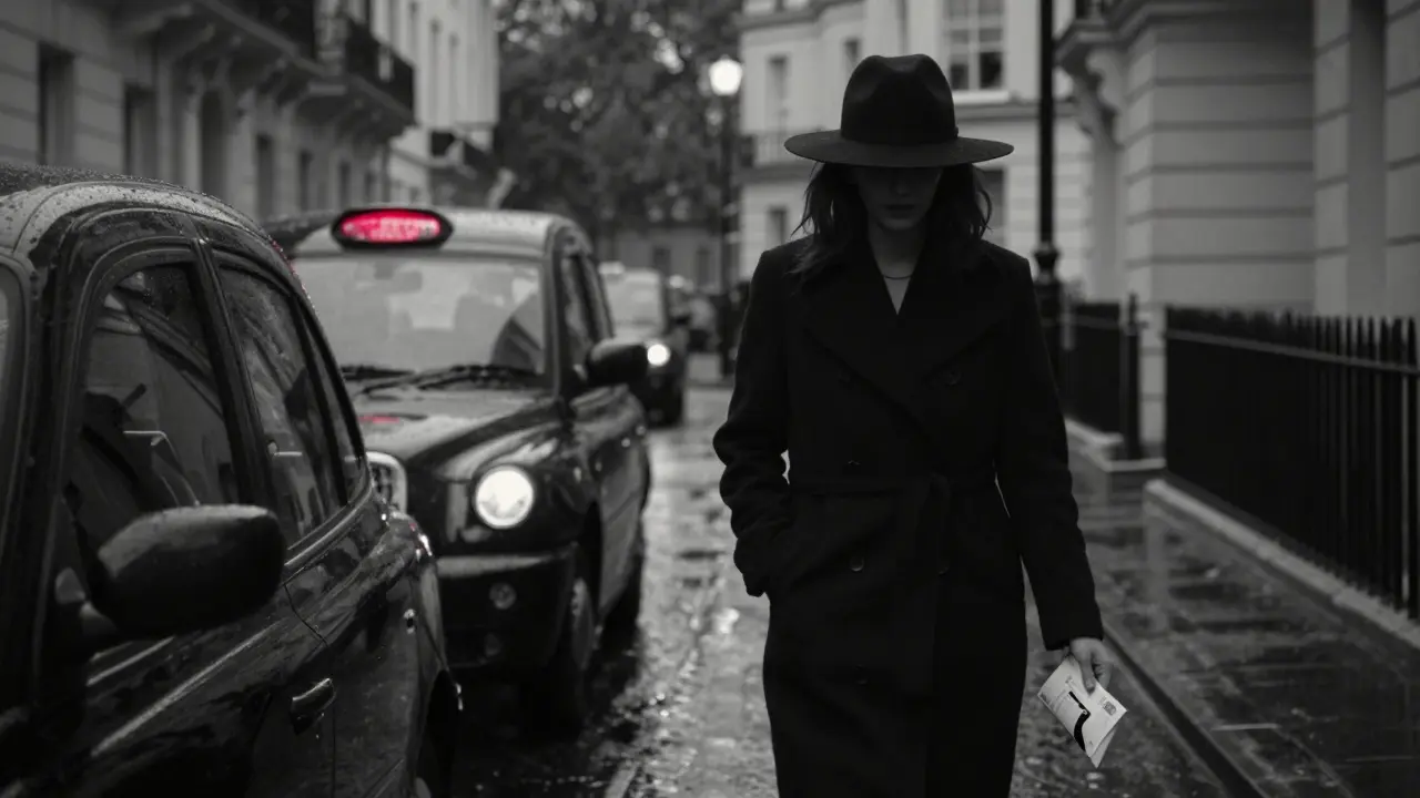 A discreet figure walking away from a sedan in a rainy Belgravia alley, face hidden, embodying quiet professionalism.
