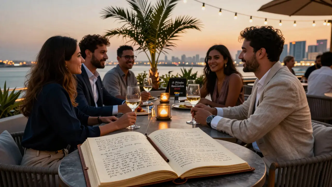A diverse group enjoying wine and conversation on a rooftop lounge in Abu Dhabi at sunset.