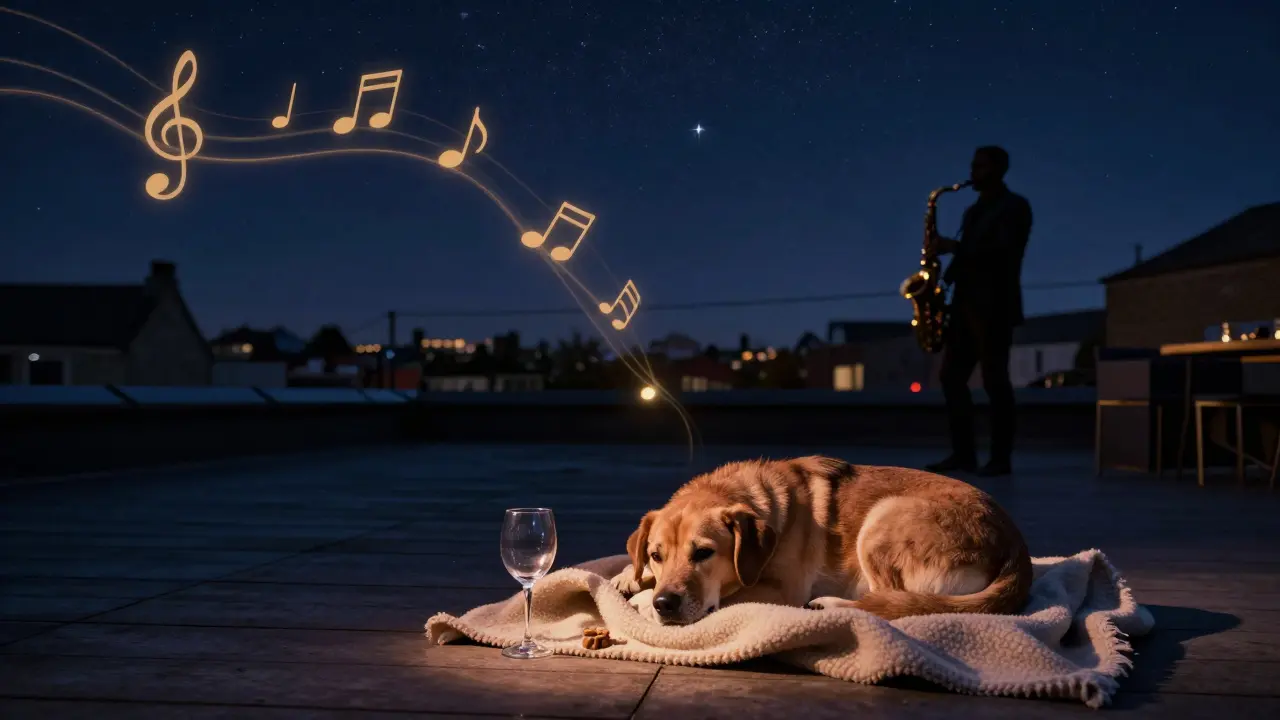 A dog naps on a rooftop terrace under stars while jazz music floats in the night air.