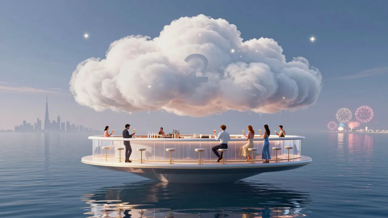 A floating bar on the Gulf at night, reflecting the Dubai skyline under starlit skies.