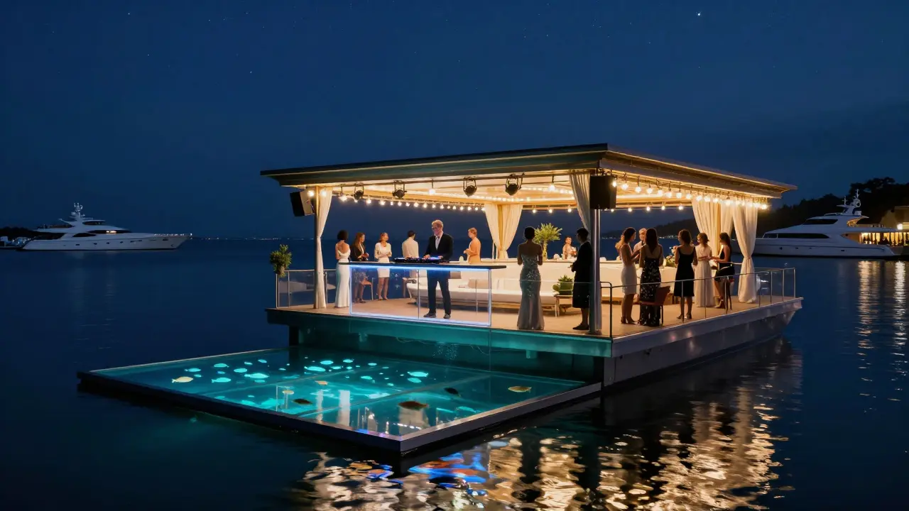 A floating nightclub with glass floor over glowing fish, guests in elegant attire under starlit sky.