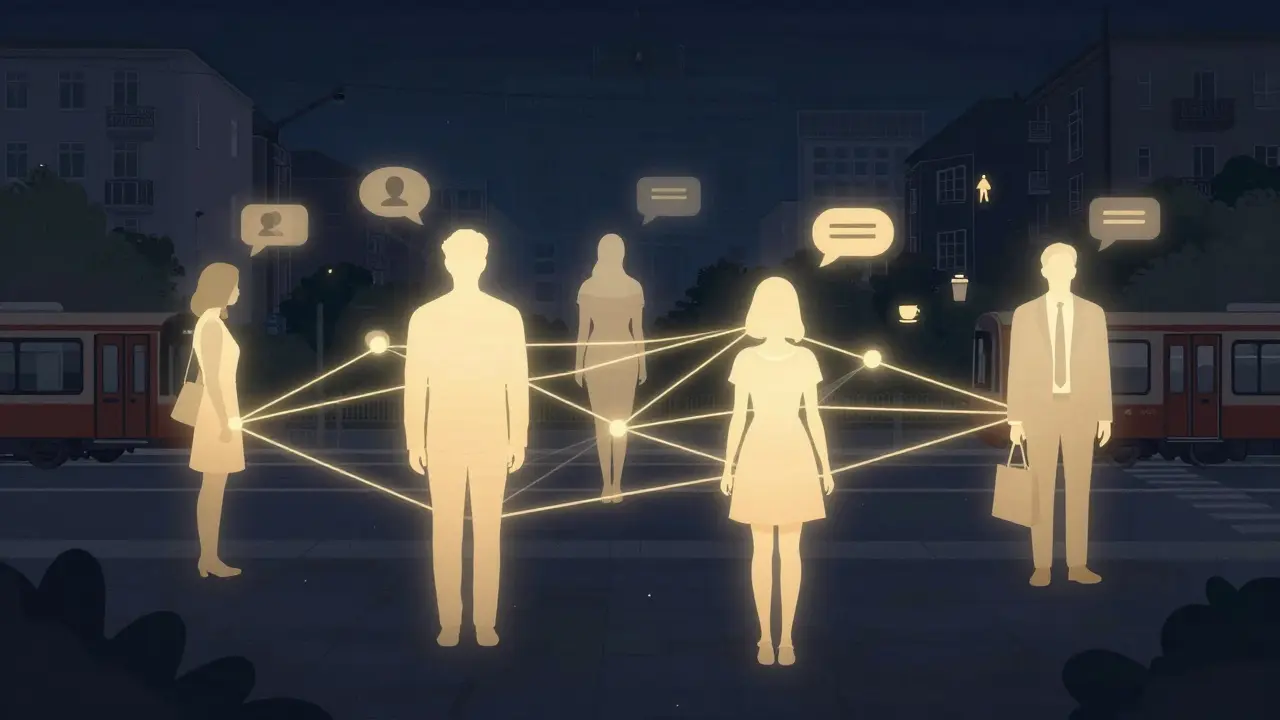 A glowing digital network connects silhouettes of lonely individuals with escorts across Berlin, symbolizing emotional connection and companionship.