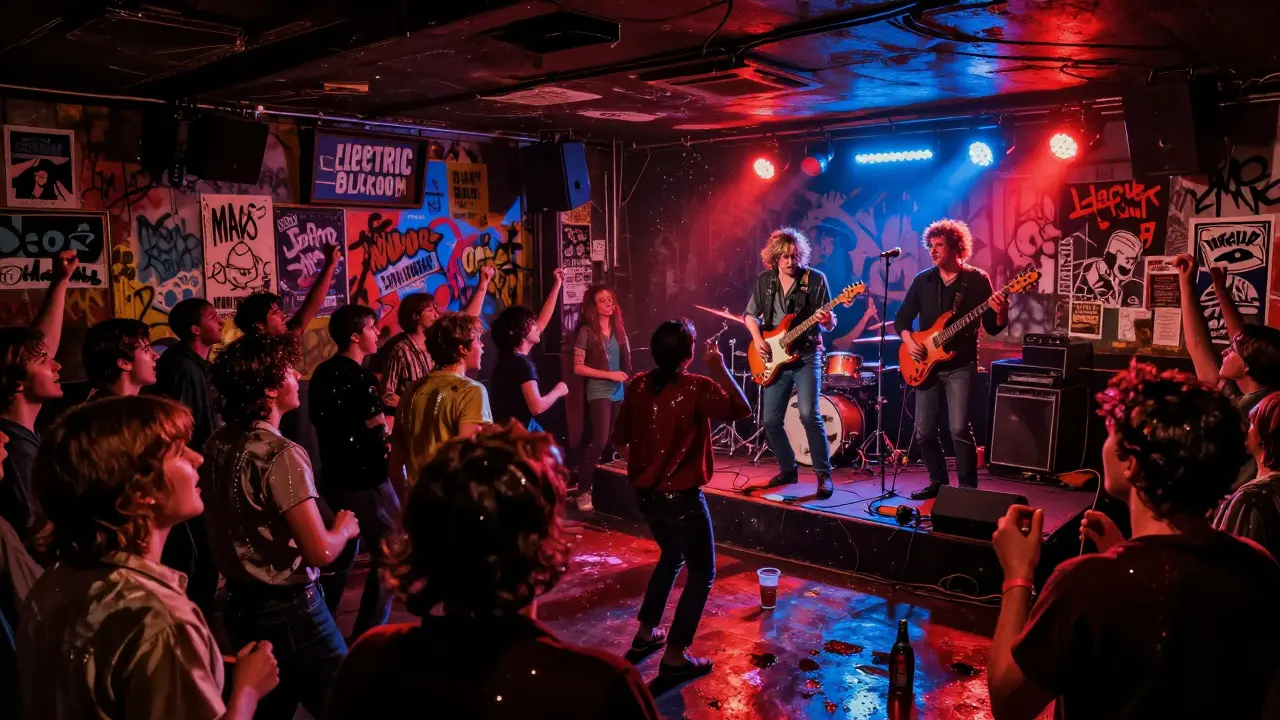 A gritty underground venue with a punk band performing, graffiti-covered walls, and a wild, sweat-drenched crowd.